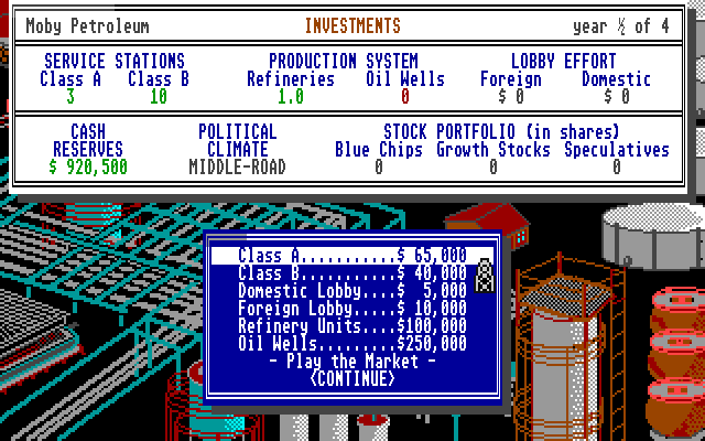 Oil Barons (Amiga) screenshot: Let's divvy up some investments!
