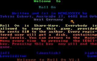 Roll On (Amiga) screenshot: Main screen with scrolly text