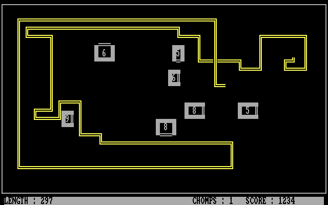 John Chenault's Snake! (DOS) screenshot: Whoops - passed through myself and lost a Chomp.