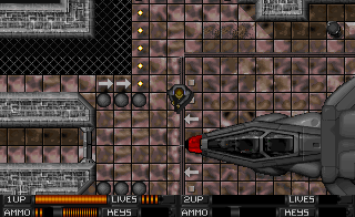 Alien Breed (DOS) screenshot: Beginning -- you've just landed on the station