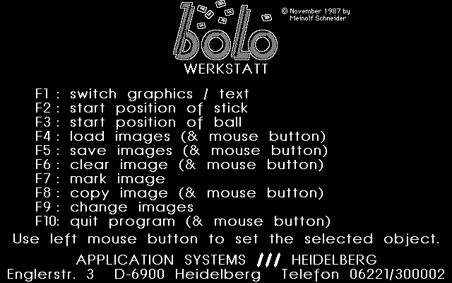 Bolo Werkstatt (Atari ST) screenshot: Main menu (Monochrome monitor, 640x400, 2 colors)