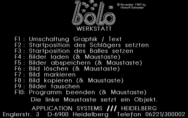 Bolo Werkstatt (Atari ST) screenshot: Main menu (Color monitor, medium resolution 640x200, 4 colors)
