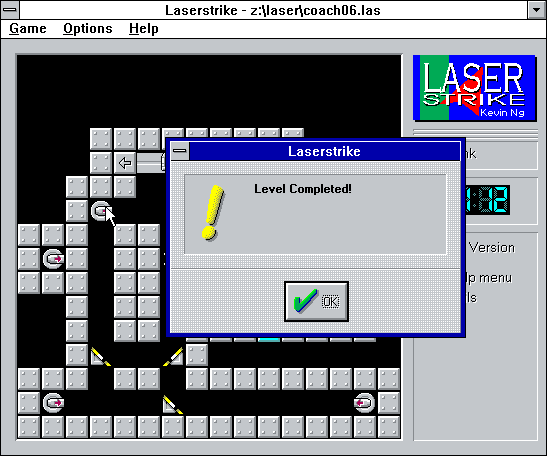 Laserstrike (Windows 3.x) screenshot: This is the message the player sees when they successfully complete a level. There is no automatic advancement to the next level, the player selects their puzzle manually