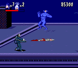 The Tick (SNES) screenshot: Sometimes a dude may fall from the sky and hit you (or enemies)