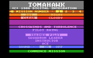 Tomahawk (Atari 8-bit) screenshot: Main menu