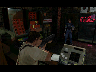 Resident Evil 2 (PlayStation) screenshot: Hold your fire! It's me Leon.