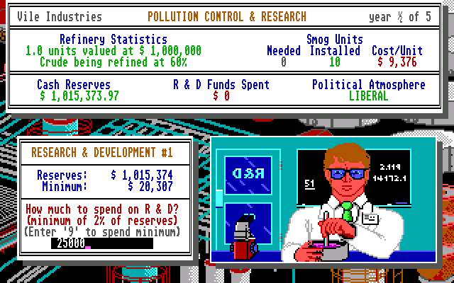 Oil Barons (DOS) screenshot: The R&D guys need some dough, too