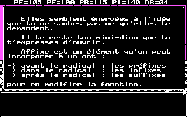 Le Labyrinthe de Morphintax (DOS) screenshot: Using the mini-dictionary