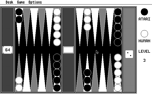 Backgammon (Atari ST) screenshot: The board (Monochrome monitor)