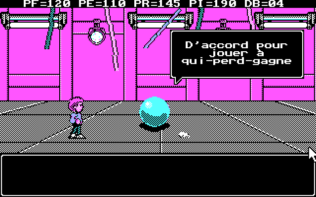 Le Labyrinthe de Morphintax (DOS) screenshot: Play "loser wins" to fool a mind-reading device