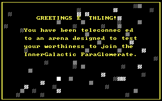 AxTrons (DOS) screenshot: Introductory message (with transmission noise)