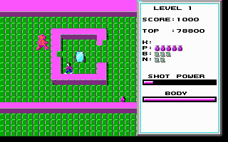 Catacomb (DOS) screenshot: Pursuit by a large enemy, destroying wall segments; mirror is end-of-level. (EGA)