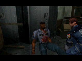 Resident Evil 2 (PlayStation) screenshot: An R.P.D. member is injured.