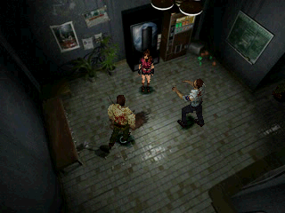 Resident Evil 2 (PlayStation) screenshot: Claire gameplay: Claire is now trapped by a zombies hoard.