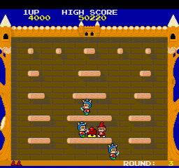 The Fairyland Story (Sharp X68000) screenshot: Round 3 - the background has changed, and I've already turned an enemy into a cake