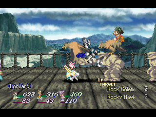 Tales of Destiny II (PlayStation) screenshot: ...and a battle right there! Note the similarities and differences in backgrounds for exploration and battle