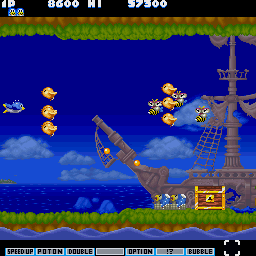 Parodius (Sharp X68000) screenshot: Playing as Pentarou on stage 1 - Island of Pirates