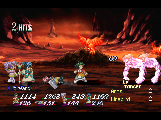 Tales of Destiny II (PlayStation) screenshot: Fiery battle. One of my characters is knocked down