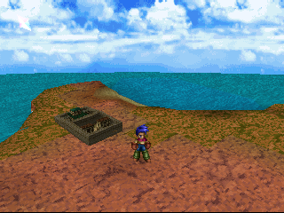 Wild Arms 2 (PlayStation) screenshot: World map on-foot navigation. Arid area. Just left town