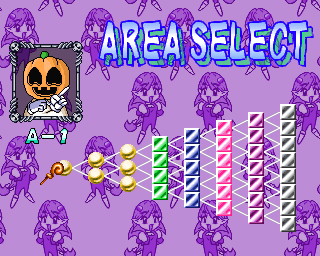 Puzznic (PlayStation) screenshot: This is the start of a Freeplay game. Here the player selects the game they want to play. At the beginning the player can choose any of the gold balls on the left but the coloured bricks are locked