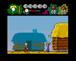 Mr. Tomato (Amiga) screenshot: Peasant and a coin