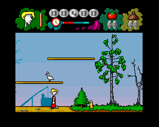 Mr. Tomato (Amiga) screenshot: Goose on the platform
