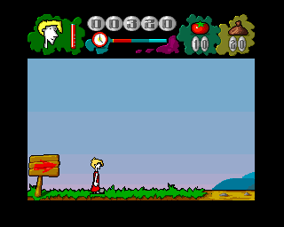 Mr. Tomato (Amiga) screenshot: Village level starts up