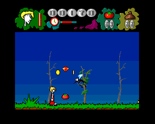 Mr. Tomato (Amiga) screenshot: Tomato and a big mosquito