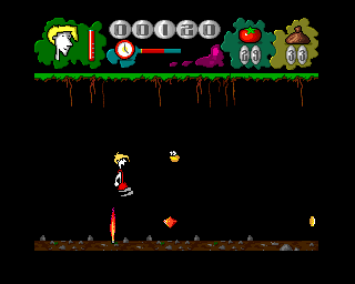 Mr. Tomato (Amiga) screenshot: Jumping over the flame