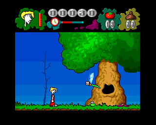 Mr. Tomato (Amiga) screenshot: Dragonfly, frog and caterpillar