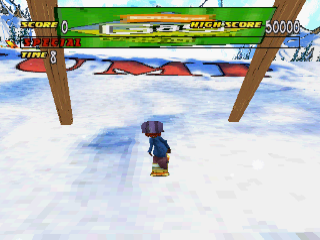 Rocket Power: Team Rocket Rescue (PlayStation) screenshot: Snowboarding in mount baldy.