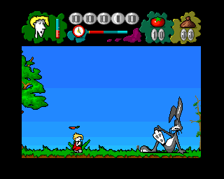 Mr. Tomato (Amiga) screenshot: Big rabbit throwing carrots