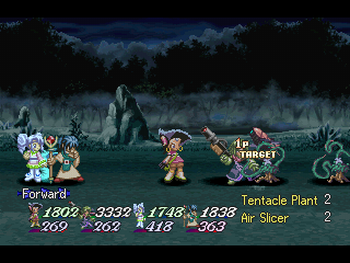 Tales of Destiny II (PlayStation) screenshot: New characters have joined your party, as you can see. Fighting foes in darkness