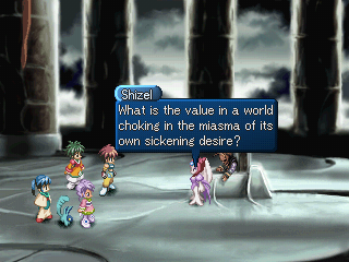 Tales of Destiny II (PlayStation) screenshot: No Japanese RPG is complete without the villain talking pseudo-philosophical trash before a major battle