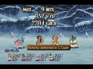 Tales of Destiny II (PlayStation) screenshot: The party posing for victory after a battle in a snowy cave