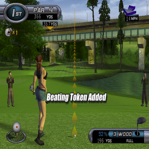 Outlaw Golf (PlayStation 2) screenshot: At various holes and for no apparent reason the game awards beating Tokens. The golfer here is Harley.