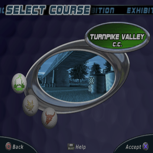 Outlaw Golf (PlayStation 2) screenshot: After character selection & club selection the player gets to select the course to play on. All three courses are available from the start