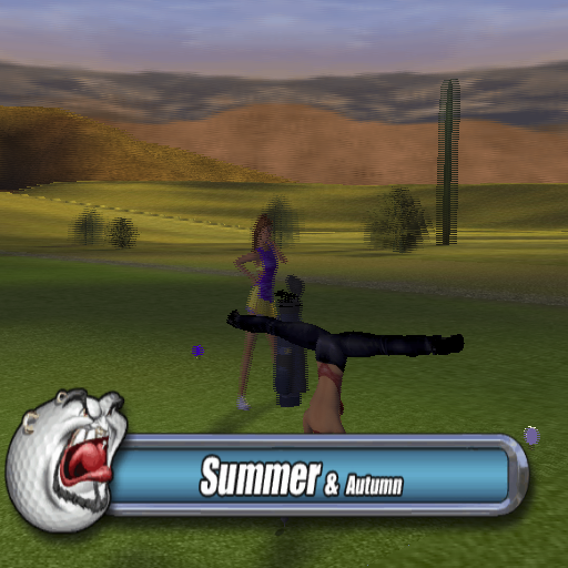 Outlaw Golf (PlayStation 2) screenshot: Before the match starts each player limbers up. Summer's routine is different to most other players. The background looks blurred in a screenshot but not during gameplay