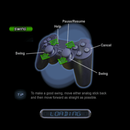 Outlaw Golf (PlayStation 2) screenshot: while the game loads the player is shown the basic controls. There are other controls, such as the camera controls, that are not shown here