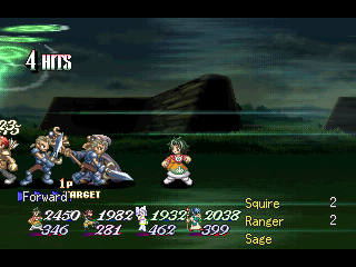 Tales of Destiny II (PlayStation) screenshot: Late-game battle: more powerful spells. The whole screen is affected by this cyclone
