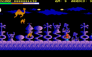 Return of the Mutant Camels (Amiga) screenshot: Fighting things on a spring