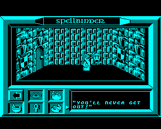 Spellbinder (BBC Micro) screenshot: Being threatened by a mask in the wall