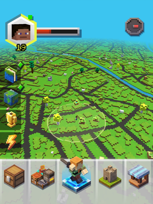 Minecraft Earth (iPad) screenshot: The game map with four tappables within the player's reach radius.