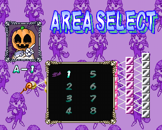 Puzznic (PlayStation) screenshot: Having selected a ball there's a further level of selection to go through. There are eight puzzles per character in the story mode and this selects one of the eight pumpkin level puzzles