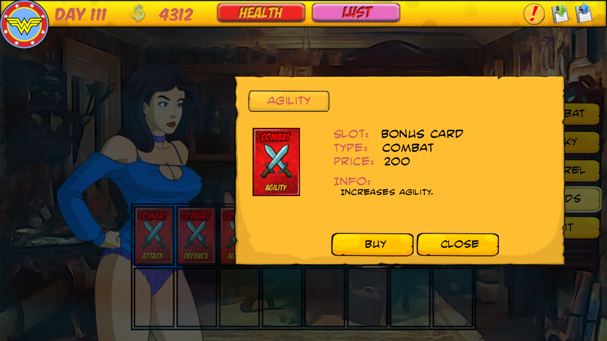 Girls in the Big City (Windows) screenshot: Wonder woman can equip bonus cards that give specific bonusses for money gain, combat and lewdness