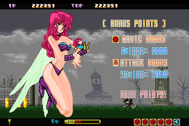 Fantastic Night Dreams: Cotton (Sharp X68000) screenshot: Stage results, that scantily-clad babe is Silk, Cotton's fairy companion