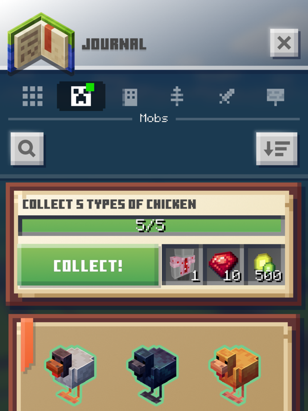 Minecraft Earth (iPad) screenshot: I collected five types of chicken, time to get my reward.