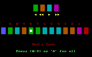 Tug-A-War (DOS) screenshot: Red follows up