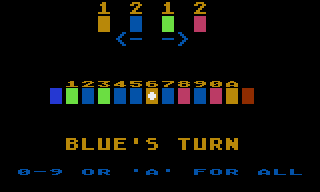 Tug-A-War (Atari 8-bit) screenshot: Blue makes the first move