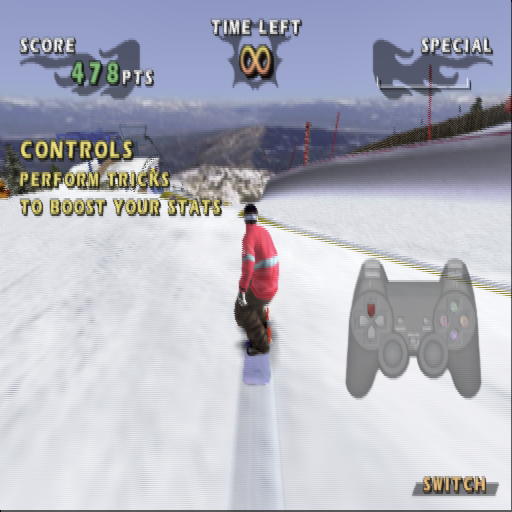 Shaun Palmer's Pro Snowboarder (PlayStation 2) screenshot: This is a Freeslide so the time at the top of the screen shows the run is unlimited.